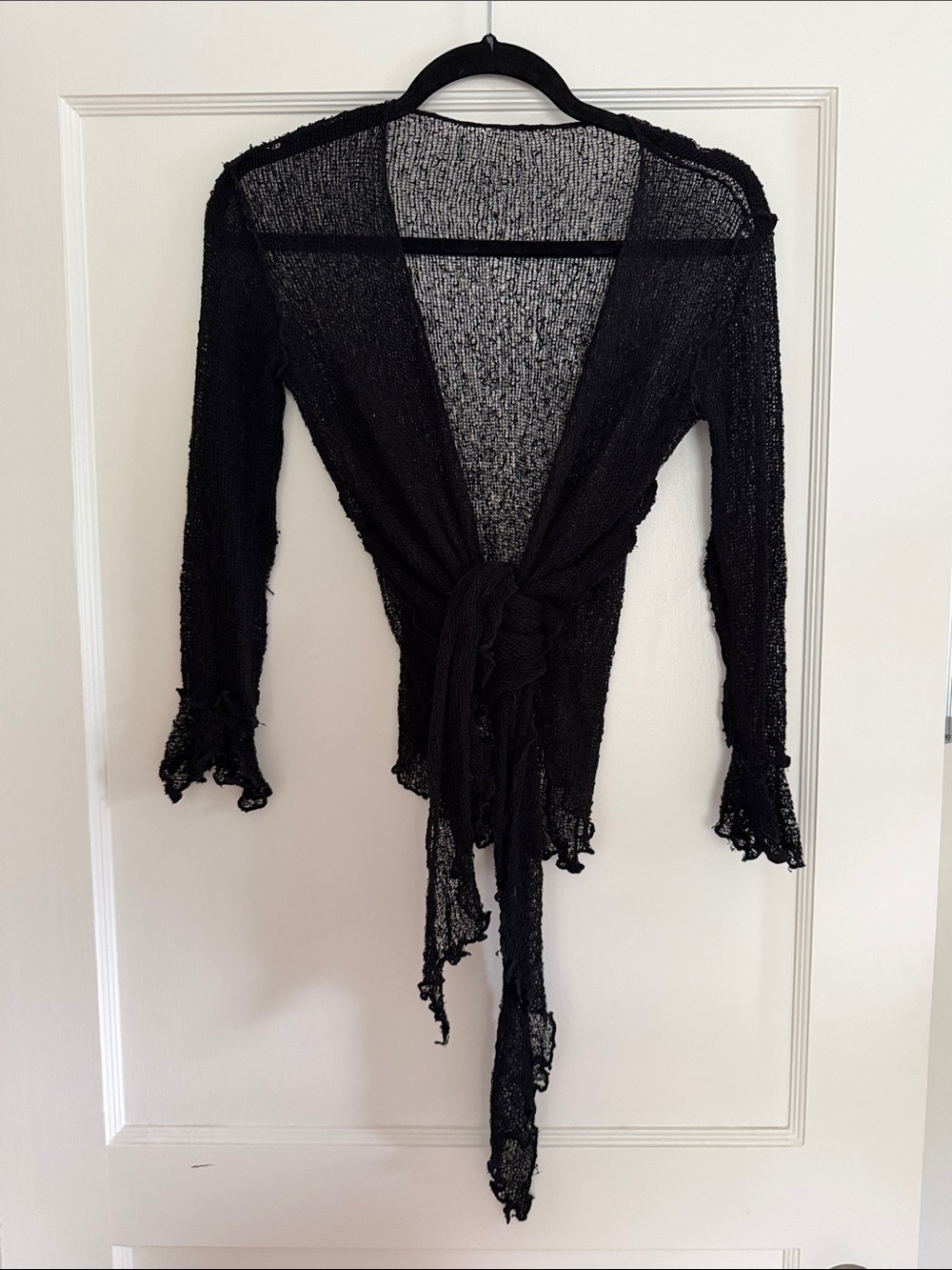 Sheer Black Tie-Front Knit Shrug